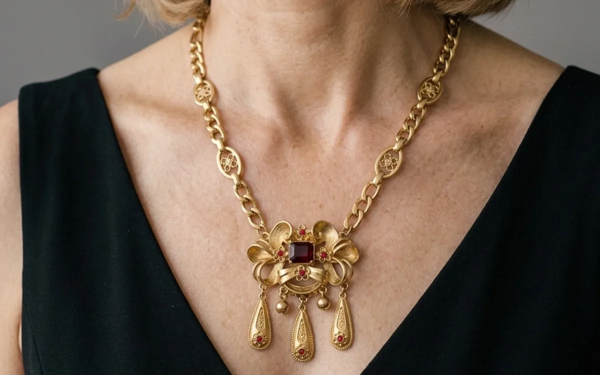 Colar de filigrana com pedra vermelha usado sobre um vestido preto