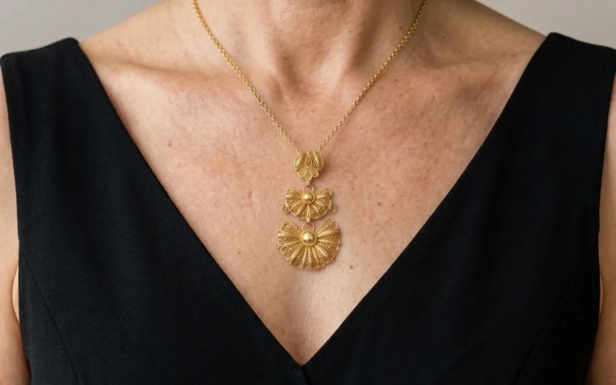 Colar de filigrana com pendente em laço usado com um vestido preto